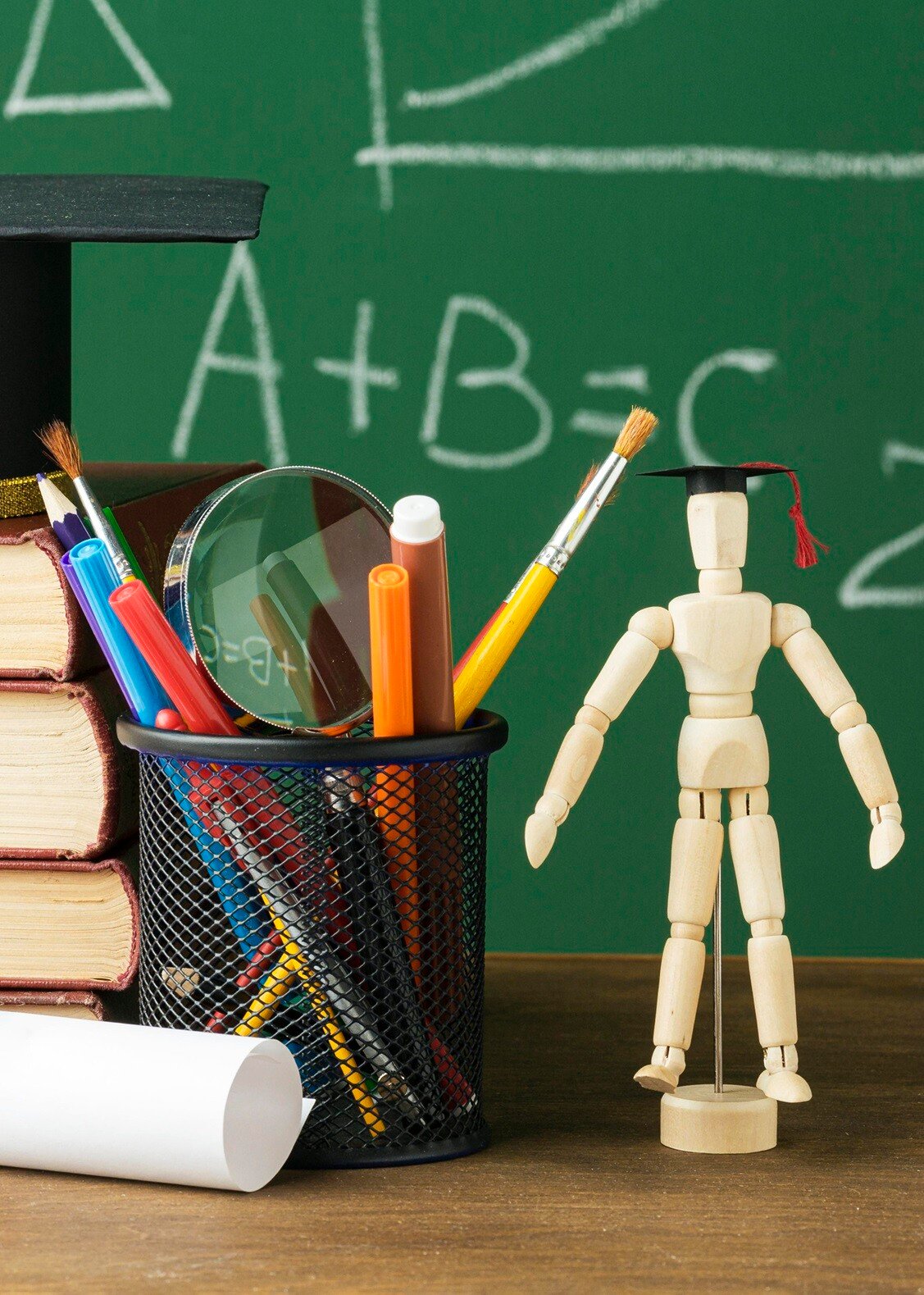 front-view-wooden-figurine-with-academic-cap-books